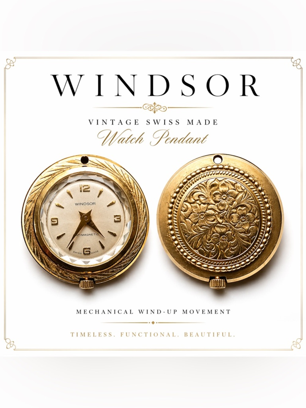 Vintage Windsor Gold Tone Floral Engraved Mechanical Watch Pendant